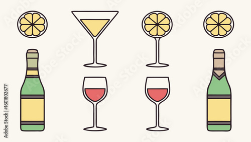 Collection of various glassware set and cocktail shaker in outline style drink