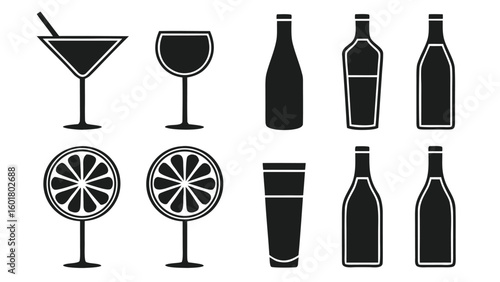 Collection of various glassware set and cocktail shaker in outline style drink