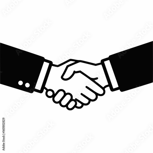 A solid black and white vector illustration of a handshake between two business people, minimal style, on white background