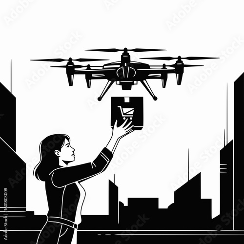 Solid black and white vector of a woman receiving a package from a flying drone, futuristic ecommerce concept