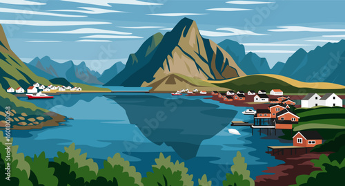 Landscape of Scandinavian Fjord Village Vector Art