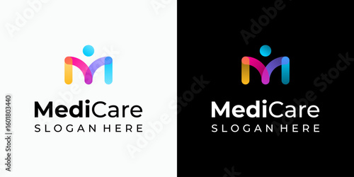 Vector logo design of the initial M in the shape of a person with a modern, simple, clean, and abstract style. Icon for business, medical, coaching, and personal branding.