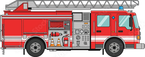 Detailed illustration of a red fire engine with a ladder and emergency equipment visible