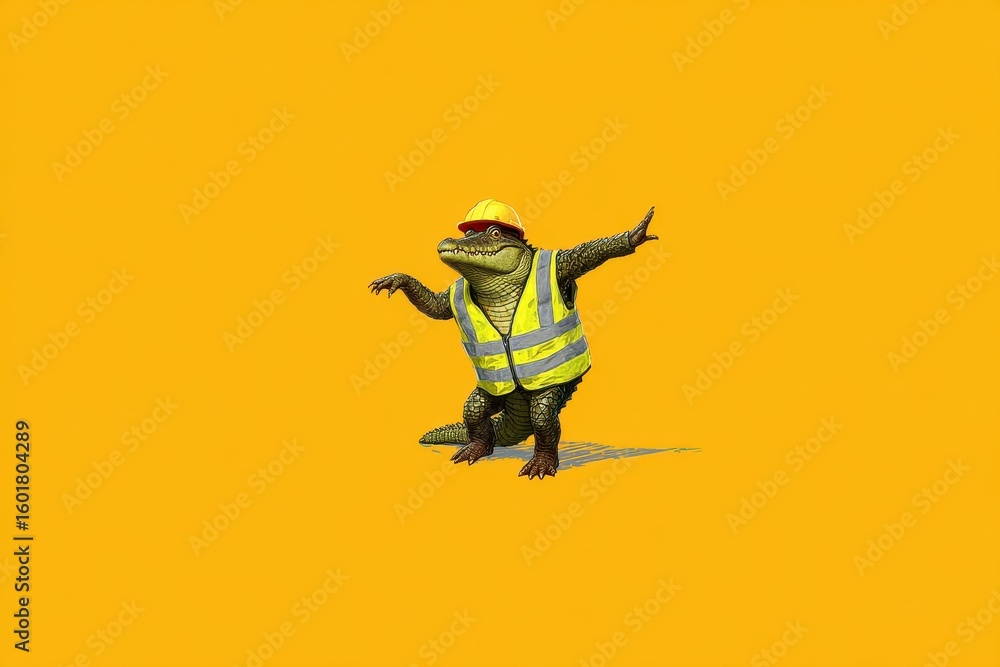 Fototapeta premium Crocodile Wearing Construction Vest and Helmet in a Bright Yellow Background