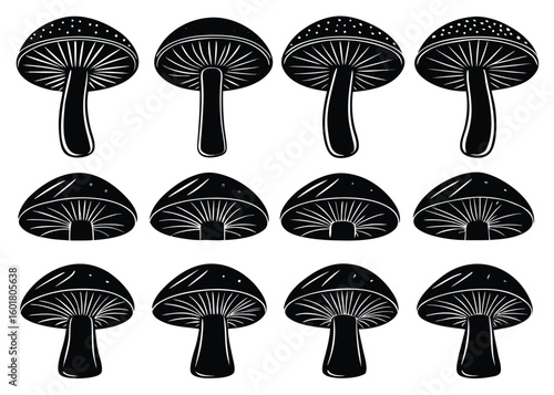 Twelve black and white mushroom silhouettes with gills fungi poisonous