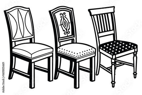 Vector illustration of three elegant chairs in black and white for design purposes