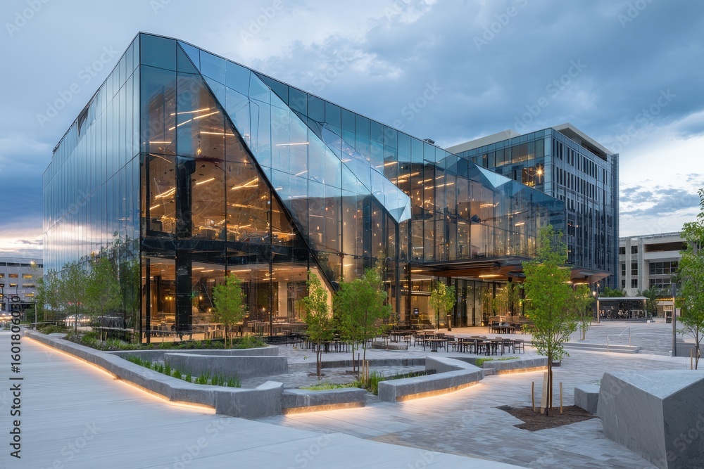 Obraz premium Modern glass building; employees working inside, dusk scene, place for collaboration