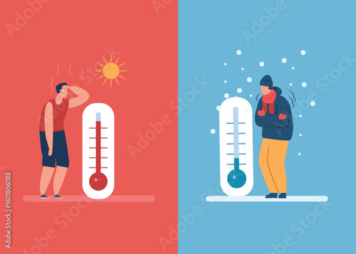 Illustration of a man in hot and cold weather with an outdoor thermometer. Extreme weather, wearing an undershirt and a thick jacket.