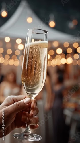 Cheers to Celebration: A close-up shot of a hand delicately holding a sparkling champagne glass, filled with effervescent bubbles, set against a blurred backdrop of festivity. 