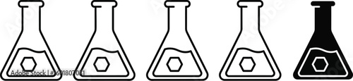 Five laboratory flasks with liquid and a hexagonal shape, one flask is solid black