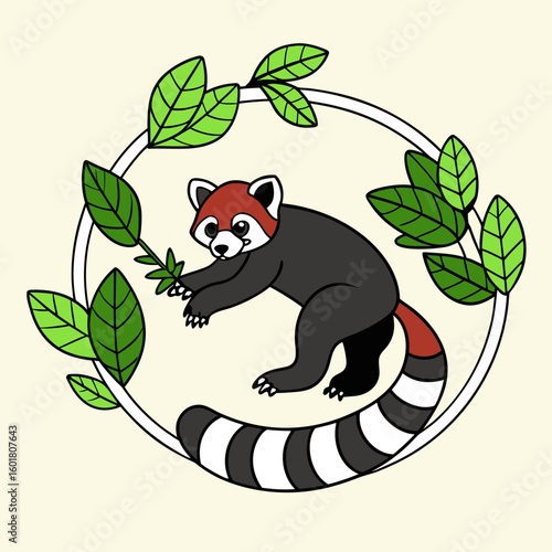 Red Panda Playing With Leaf Tail in a Playful Pose Amidst Green Foliage