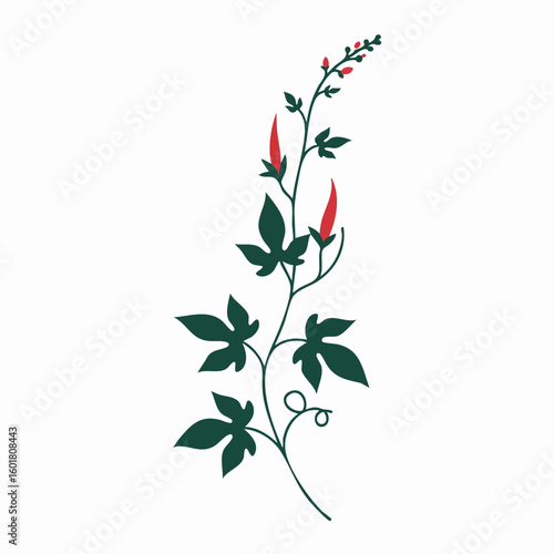 Stylized Vine with Red Peppers and Dark Green Leaves, Elegant Design