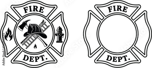 Firefighter Maltese Cross Emblem with Axe Helmet Hydrant and Flames