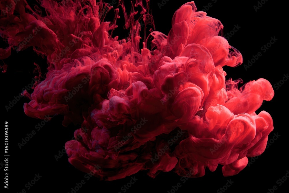 Cloudlike mass of vibrant red pigment suspended against a stark black backdrop Cloudlike mass of vibrant red pigment suspended against a stark black backdrop