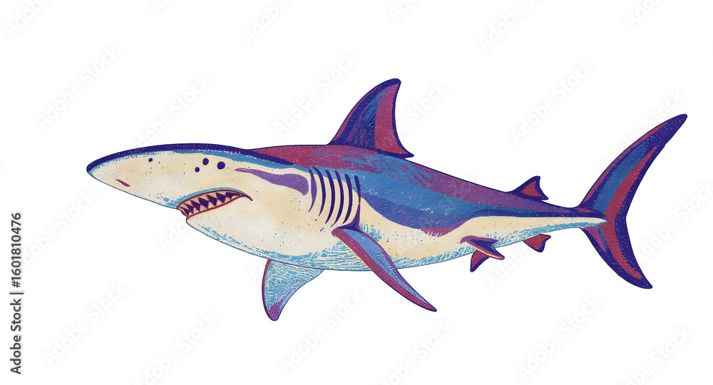 Obraz premium Digital Pixel Art of a Great White Shark with Blue and Purple Coloring on a Transparent Background