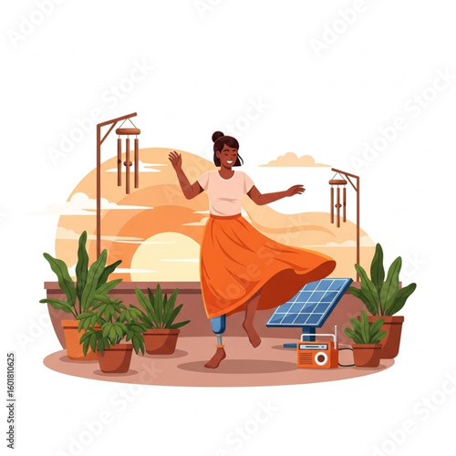 Dancing Woman with Prosthetic Leg on Rooftop Inclusive Flat Vector

