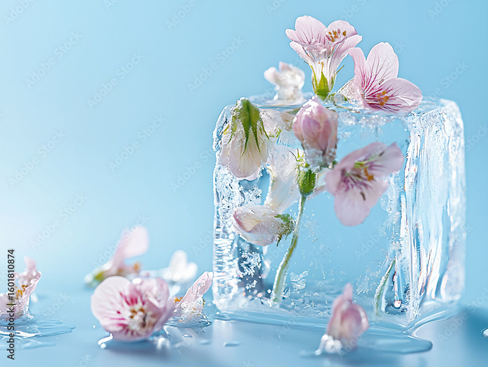 Obraz premium Frozen Blossoms in Ice Cube with Soft Blue Background