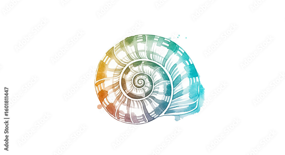 Obraz premium A watercolor painting of a nautilus shell with rainbow colors on a black background in a minimalist style