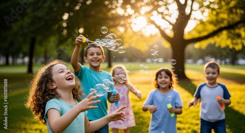 Children Playing with Bubbles in Sunny Park, Joyful Moments.