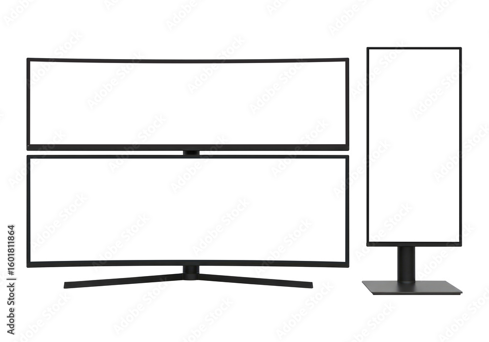 Naklejka premium A Modern Triple Monitor Workstation with Stacked and Vertical Screens, Cut Out, Clipping Path Isolated on a Transparent PNG Background.