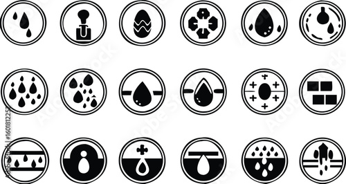 Black Labels for Cosmetic Products Packaging. Skin Care. Vector Icons Acid, Serum, Retinol, Hydration, Clean Water, Cell Regeneration, Nourishing Cream, Cleansing Gel, Acne Care, and More