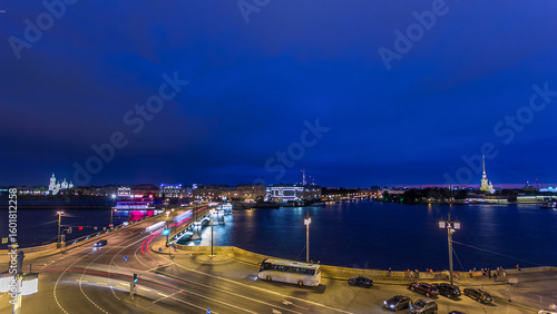 Wallpaper Mural Malaya Neva river. Birzhevoy Exchange Bridge and traffic at night timelapse. St.-Petersburg, Russia Torontodigital.ca