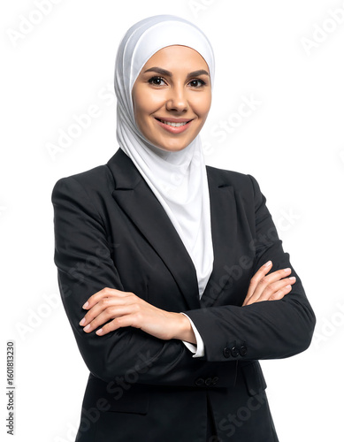 Portrait of a smiling woman wearing a white hijab and a black business suit, with her arms crossed isolated on transparent background.