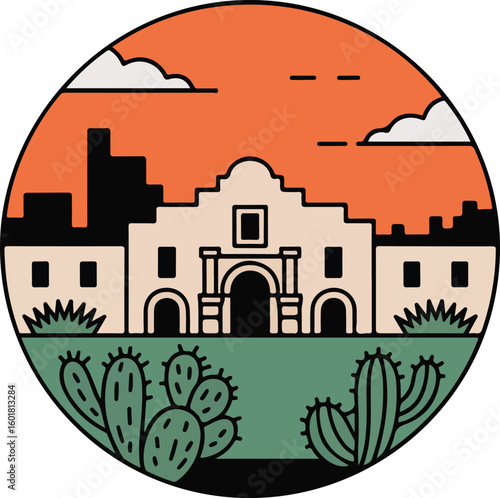 An illustration of the Alamo in San Antonio, with a simple design of a building under the sky and the silhouette of cacti and buildings around it.