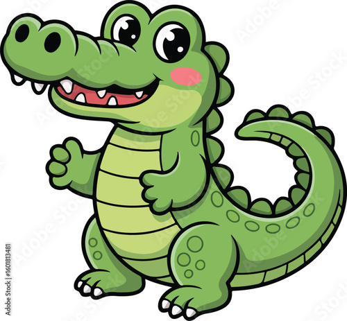 Smiling green cartoon alligator, ready for fun and adventure! It's friendly and cute, with big eyes and a happy grin. Transparent png vector