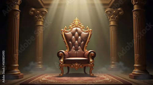 Ornate brown leather throne with gold trim in a grand hall