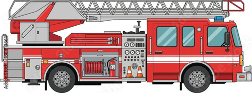 Bright red fire truck with extended ladder and emergency equipment visible, side view