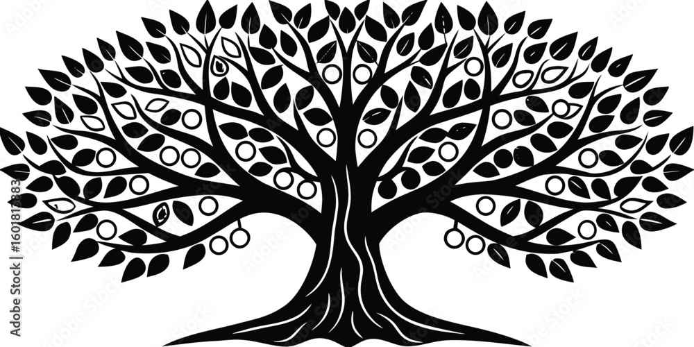 Obraz premium Stylized silhouette of a fruit bearing tree with detailed branches and leaves