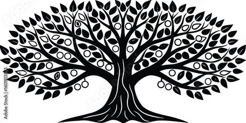 Stylized silhouette of a fruit bearing tree with detailed branches and leaves