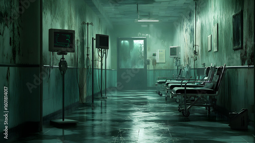 un pasillo de hospital abandonado desolado con equipo viejo y abandonado monitores desconectados y sillas con agua y humo en el pasillo del hospital 