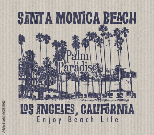 Santa monica beach. California surfing club. Surfing club graphic print design for t shirt. Beach hand sketch graphic design for t shirt print, poster, sticker, background and other uses. California, 