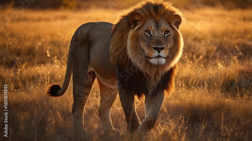 Wallpaper Mural Lion walking in golden savannah grass at sunset Torontodigital.ca