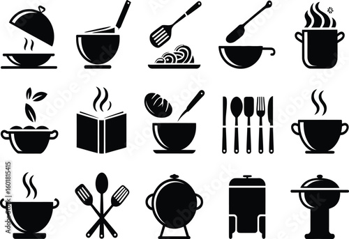 Collection of black and white kitchenware icons including pots bowls and utensils
