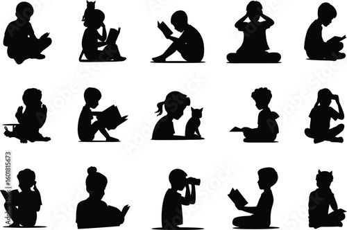 Silhouettes of children reading books and sitting in various poses on a white background