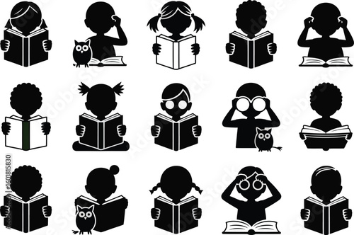 Collection of black silhouette illustrations of children reading books and owls on white