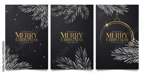 Merry Christmas and Happy new year greeting clipart poster design. Wishing merry Christmas invitation card template clip art with fir leaves in black background seasonal banner collection vector 