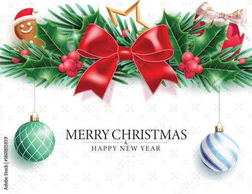 Merry Christmas greeting card clipart design. Merry Christmas and Happy New Year text clip art in garland decoration with red ribbon, mistle toe, hanging xmas balls, holly berry, ginger bread, star 