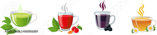 Four steaming cups of different types of tea, each with its unique color and ingredients, evoking warmth and refreshment
