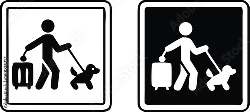 Please Clean Up After Your Dog Poop Signs. Black and White Vector Icons. Warning Sign. Man Throwing Bag Of Dog Feces Into Trash Can