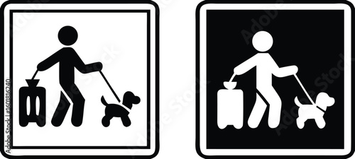 Please Clean Up After Your Dog Poop Signs. Black and White Vector Icons. Warning Sign. Man Throwing Bag Of Dog Feces Into Trash Can