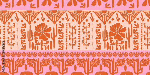 Desert matisse illustration. At nouveau landscape panorama with cactus. Tile seamless pattern in groovy 60s 70s vibes.
