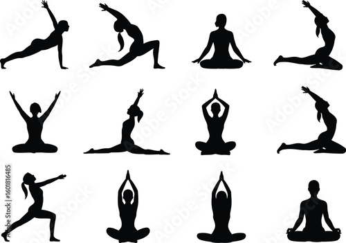 Silhouette illustration showing various yoga poses and positions on a white background