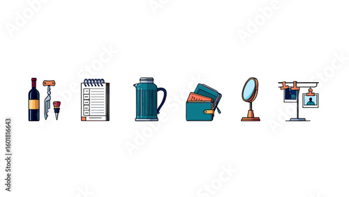 Assorted objects vector illustration including wine bottle, wallet, mirror, and thermos for design needs