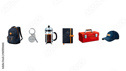 Various everyday carry items including backpack, keys, coffee press, notebook, toolbox, and baseball cap gear