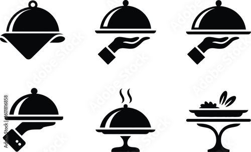 Illustration of six different serving tray icons in black and white vector format