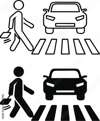 Crosswalk Icons. Black and White Vector Icons. Pedestrian Walking on Crosswalk Past Parked Car. Road Traffic Rules. Road Concept

